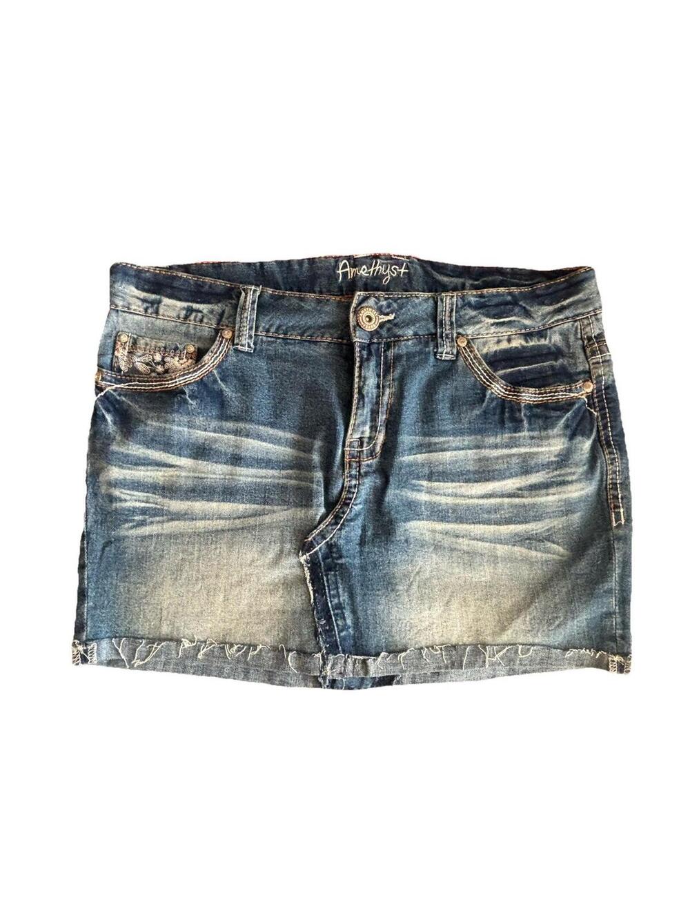 Vtg Amethyst Jeans Y2K Denim Mini Skirt Distressed Embroidered  Pockets Raw Hem